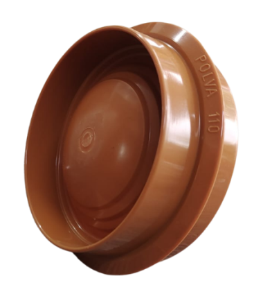 Brown 110mm uPVC underground drainage socket plug with POLVA 110 embossed on rim