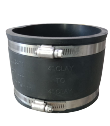 Black EPDM rubber 4 inch clay to clay flexible drain coupling with two stainless steel jubilee clamps, marked 4" CLAY TO 4" CLAY, on white background