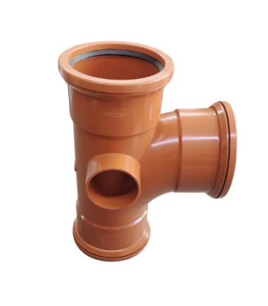 Terracotta 110mm uPVC underground drainage triple socket branch fitting with 87.5 degree outlet and integral front boss, shown on white background