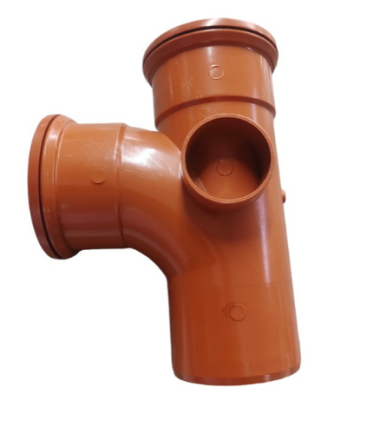 Terracotta 110mm uPVC underground drainage double socket branch with 87.5 degree outlet and single side boss, shown on white background