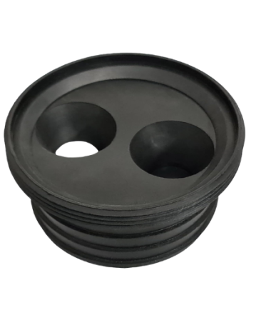 Black rubber 110mm twin waste pipe adaptor with two inlets for 32mm and 50mm waste pipe, shown on white background