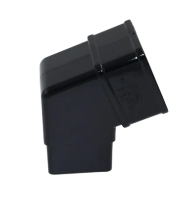 Black uPVC 65mm square downpipe 112.5 degree offset bend with socket and spigot ends, shown on white background