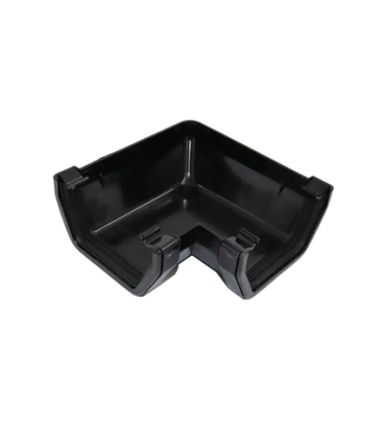 Black uPVC 114mm square gutter 90 degree angle with integral rubber seals and front clips, shown on white background