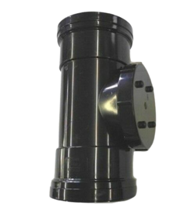 Black 110mm uPVC double socket access pipe with threaded side cap for rodding access, shown on white background