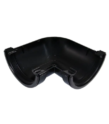 Black uPVC 112mm half round gutter 90 degree angle with integral rubber seals and front clips, shown on white background