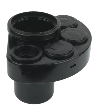 Black 110mm uPVC multi waste manifold with 110mm socket, spigot outlet and four moulded boss sockets with knockouts, shown on white background