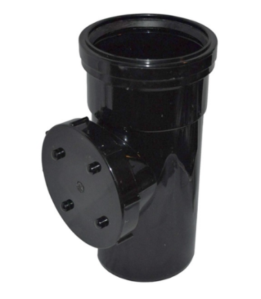 Black 110mm uPVC single socket access pipe with spigot tail and threaded side cap for rodding access, shown on white background