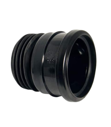 Black 110mm uPVC soil to clay adaptor with push-fit socket and flexible finned seal for clay drain, shown on white background