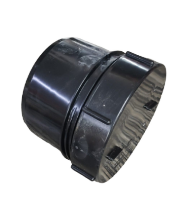 Black 110mm uPVC screwed access cap with push-fit spigot and threaded rodding cap, shown on white background