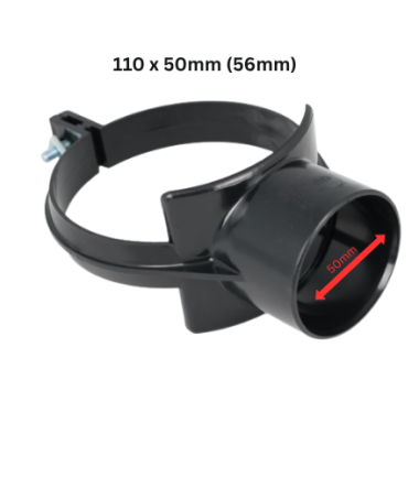 Black 110mm x 50mm uPVC strap boss with 50mm solvent weld socket and clamping bolt, shown on white background